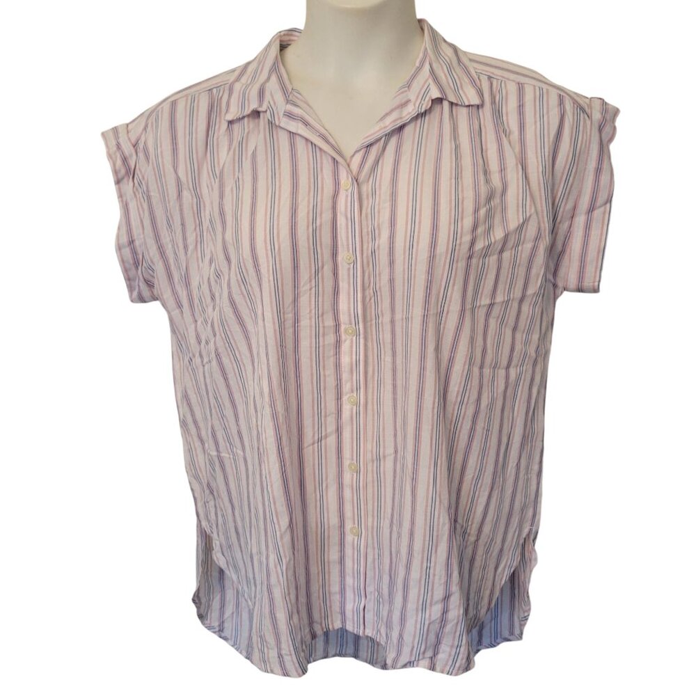Loft Striped Button Front Oversized Tunic Blouse M Rayon Pink Blue White Hi‎ Low
